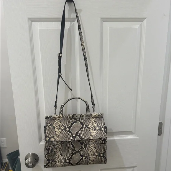 Tory Burch Block-T Snake Print Satchel | Python Embossed Leather Tote - Picture 3 of 7